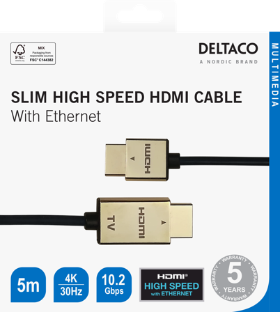 Deltaco Ultra-thin HDMI cable, 4K UHD, 5m, black/gold