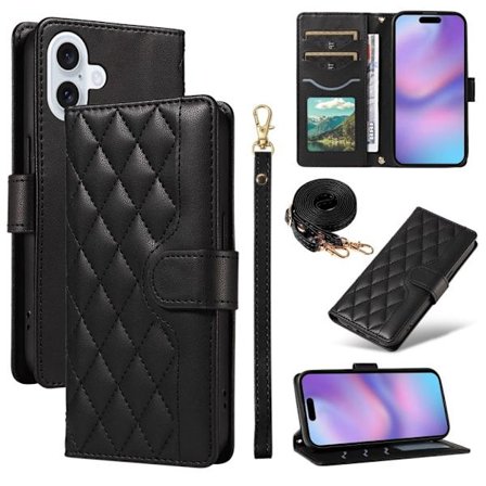 iPhone 17 wallet cover rhombus PU leather with strap - black