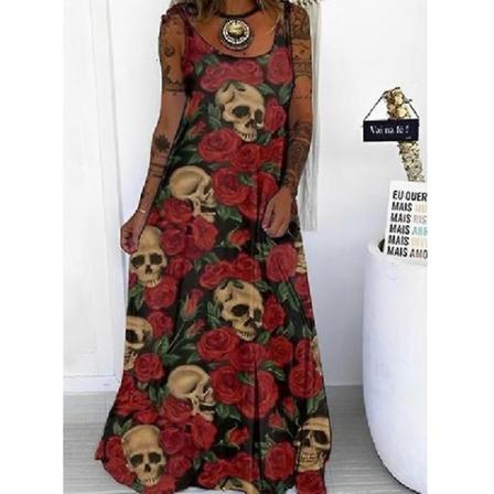Kvinders afslappede ærmeløs Maxikjole Skull Printed Løs Kjole Halloween Fest Sling Lang Kjole style 9 XL