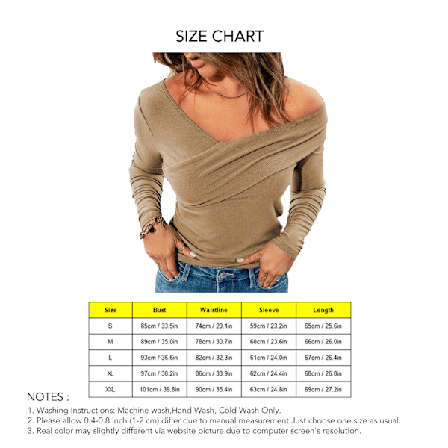 V-ringad Långärmad Topp Mjuk Hudvänlig Bekväm Andningsbar Damtopp för Hemma Shopping Kontor Utomhus Khaki 2XL