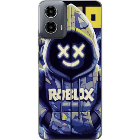 Kompatibelt Mobildeksel til Motorola Motorola Moto G34 Blågul Roblox hettegenserfigur med minimalistisk neonstil og masket ansikt, moderne spillillus