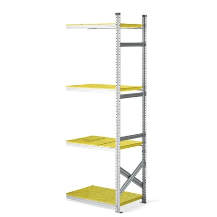 Reol påbyggseksjon med gule plasthyller, 2500x900x600 mm