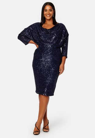 Goddiva Curve - Sequin Cowl Neck Midi Dress - Navy