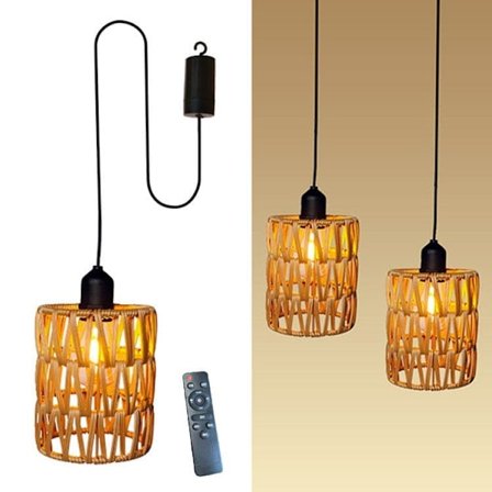 Loftlampe med fjernbetjening – dekorativ rottinglampe med pære, batteridrevet pendellampe_TF_TF