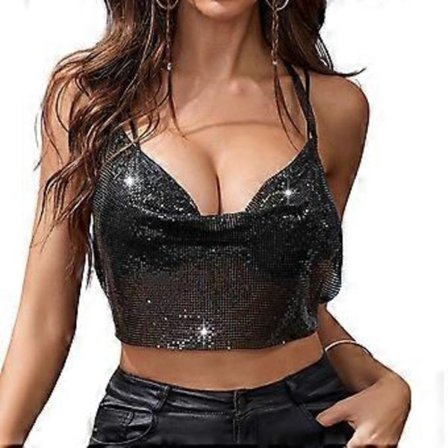 Dame Halterneck Crop Top Glitrende Pailletter Tank Top Ærmeløs Spaghettistropper Tube Top Raves Party Clubwear Gaver Sort M