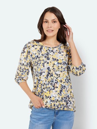 JENSEN - 3/4 Ærmet T-shirt - Gul / Blå Mix - Mønstret