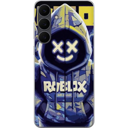 Kompatibelt Mobildeksel til Samsung Samsung Galaxy S25 FE Blågul Roblox hettegenserfigur med minimalistisk neonstil og masket ansikt, moderne spillil