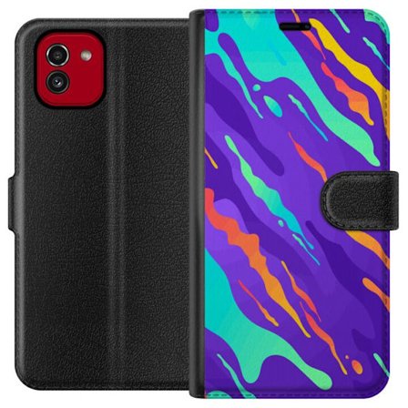Kompatibel Tegnebogsetui til Samsung Galaxy A03 Farverigt abstrakt mønster med flydende former i lilla, turkis, gult og orange.