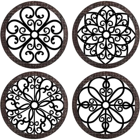 4 stk. Tykke rustikke vægdekorationer til landhusets vægkunst i træ med hult udskåret design Dekorativ rustik rund vægkunst