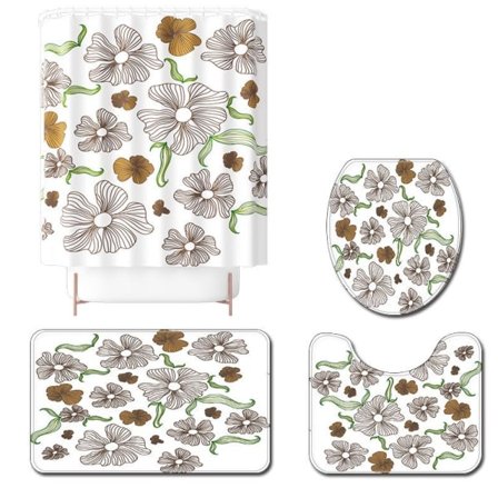 IC Lille serie af friske blomster trykte rose firedelt polyester bruseforhæng toilet gulvmåtte, A9
