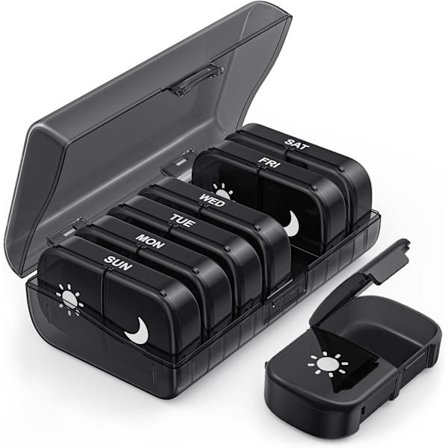 Ekstra Stor Ugentlig Pilleæske 2 Gange Om Dagen, Enkeltsidet Åben Pilleboks 7 Dage for Nem Påfyldning, Sort Privat AM PM Pilleetui