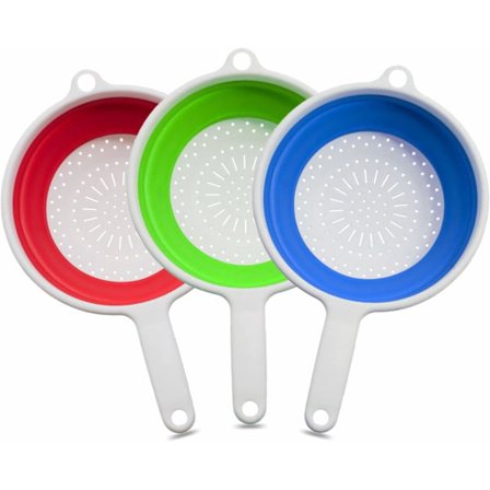 Hopfällbart durkslag med handtag, platsbesparande, kraftigt köksredskap, hopfällbart, blandade färger, livsmedelsgodkänd silikonavloppskorg för 