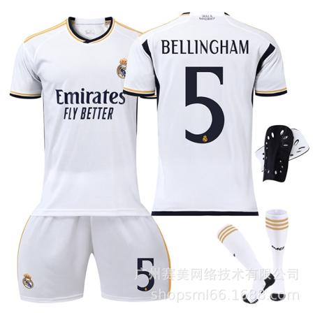 23-24 Nytt Real Madrid Hemma Barn Vuxen Fotbollströja med Strumpor och Knäskydd-5 BELLINGHAM-M 5 BELLINGHAM M