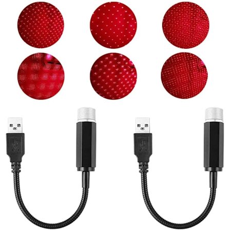 2 stk USB rød stjerne nattlys projektor, biltak nattlys,