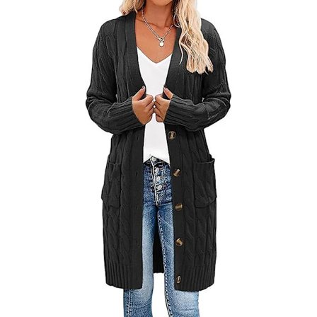 Långärmad kabelstickad kofta för damer, öppen fram med knappar, ytterkläder svart