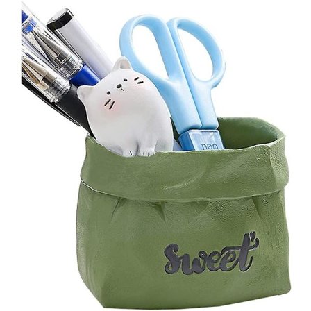 Sød lille grøn skrivebords penneholder tegneserie kat blyantholder mini skrivebord opbevaring skrivebord dekor arrangør til kontor hjem