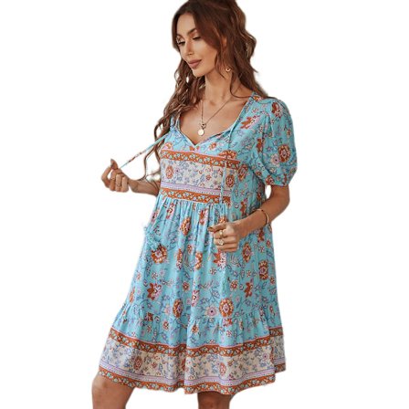 Etnisk stil strandkjole langærmet casual kjole (blå XL)