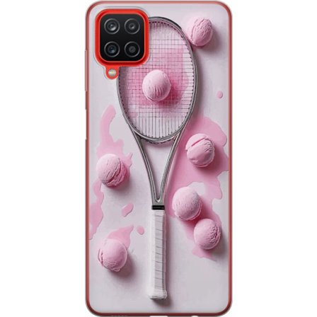 Kompatibelt Mobilskal till Samsung Samsung Galaxy A12 Rosa glasskulor och tennisrack i en kreativ stillbild med lekfull popkänsla och modern design s