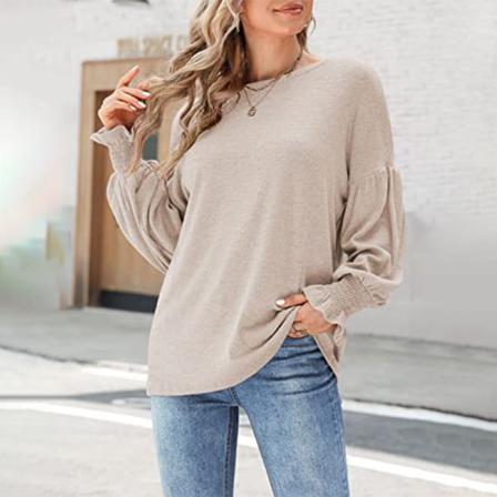 Kvinnor Med Rund Hals I Enfärgad Puffärmar Stickad Baggy T-shirt