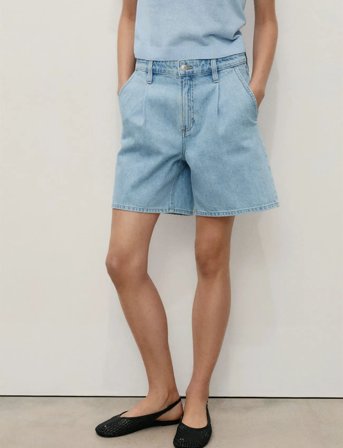 Mango Mid-Rise Denim Bermuda Shorts With Pleats - Blue - 34