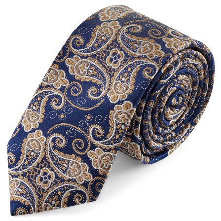 Zijden stropdas met blauw en goud paisleymotief | 6 cm voor mannen - Smalle stropdassen