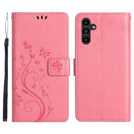 Samsung Galaxy S26+ Plånboksfodral Konstläder Fjäril Blomma - Rosa