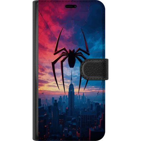 Kompatibel Tegnebogsetui til Motorola Motorola Moto G24 Stiliseret edderkop over byens silhuet i dramatisk solnedgang, grafisk fantasyillustration med