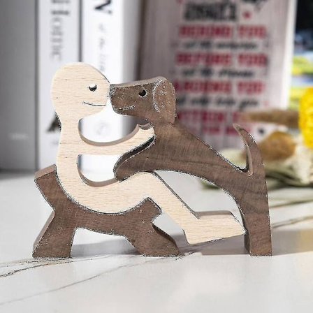 Håndlavet Træmand og Hund Dekorativ Skulptur Håndværk Kreativ Figur Hjem Dekoration Gave-farvet-farvet Hy