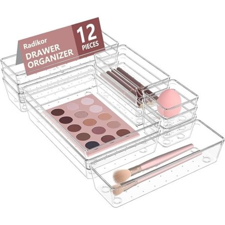 12-pakning skuffeorganisatorer, klare plastskuffeoppbevaringsbokser med 4 størrelser for bad, sminkebord, kjøkken og kontor