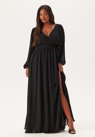 Goddiva Curve Long Sleeve Chiffon Maxi Curve Dress Black Klær