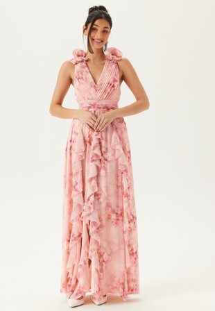 Bubbleroom Occasion - Frill Ruffle Chiffon Gown - Coral/Floral