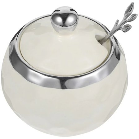 Sukkerskål i porselen med lokk og skje, multifunksjonell krydderkrukke i keramikk White 10.00X10.00X9.50CM