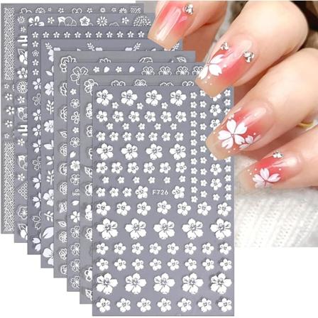 Blommiga nagelkonstklistermärken nageldekorationer för kvinnor 3D självhäftande nageldekorationer mode vita blommor körsbärsblommor gardenia nagel 8 