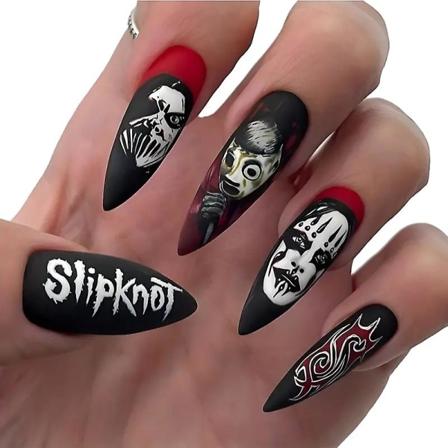 24 kpl matta pitk t stilettokynnet, musta punainen paina kynnet pelottavalla aavekasvokuviolla, salaper iset tekokynnet naisille tyt ille Halloween-