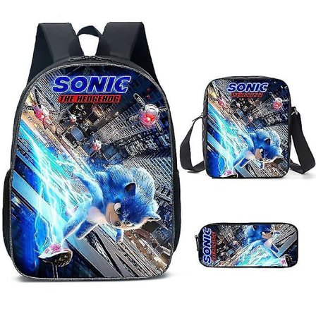 Sonic Primary School Skole Taske Tredelt Sæt Anime Tegneserie Rygsæk Skuldertaske Blyantsæske