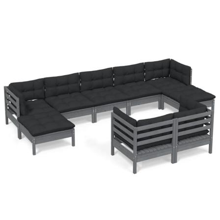 Vidaxl Loungegrupp Med Dynor 9 Delar Grå Massiv Furu Grå