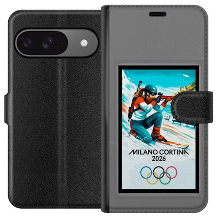 Yhteensopiva Lompakkokotelo Google Pixel 9 Pro Retrojuliste Cortina Milano 2026 vuorilla, talviurheilijoilla, italiankoloreilla, Milanon tuomiokirkoll