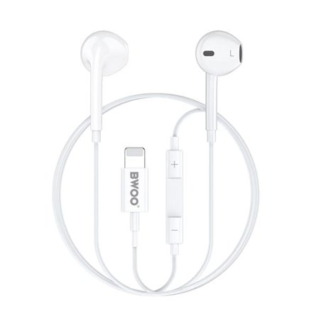 BWOO In-Ear-hodesett med Lightning-kontakt og volumkontroll - hvit