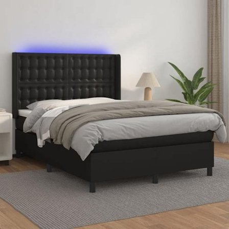 Maison Exclusive - Svenskt sänggavel med lamellbädd och LED-madrass Svart 140x190cm Syntetläder