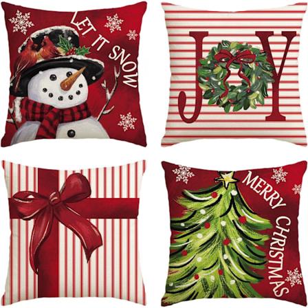 God Jul Kärlek Snögubbe Röd Kuddfodral, 18 x 18 Tum Julgran Semester Kudde Fodral Dekoration för Soffa Soffgrupp Set om 4