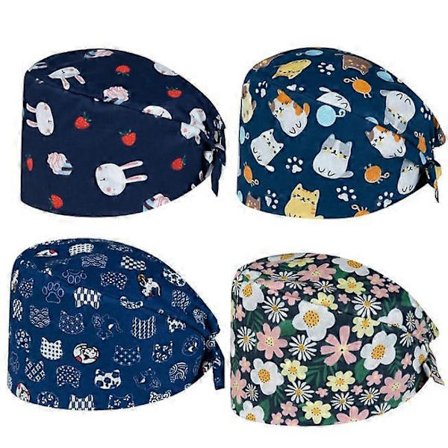 Pakke med 4 Bouffant Scrub Caps, Pustende Justerbare Arbeidshetter, Unisex Trykt Hette for Personlig Pleieutstyr, Flerfarget og Én størrelse
