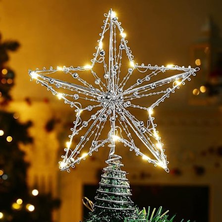 Stjerneformet juletre i metall, pentakelformet lampe med spiralformet base, perlekjede lys, juledekorasjon
