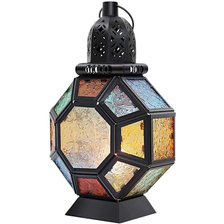 Jernlygteholder, bærbar marokkansk farvet glas lanterne hængende lampe hestelygte vind lanterne, boligindretning