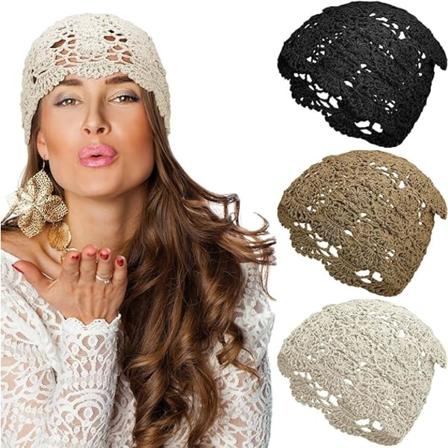 3 stk Heklet Slouchy Beanie Hat Håndlaget Strikket Floral Sommer Hodeskalle Cap Stretchy Lett Bomull Cutout Hatter, Khaki Svart og Hvit