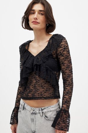 NA-KD Long Sleeve Frill Lace Top - Festtoppe - Sort - S (EU 34-36)