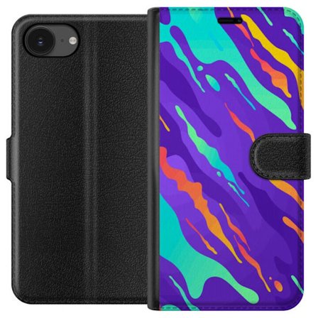 Kompatibel Tegnebogsetui til Apple iPhone 16e Farverigt abstrakt mønster med flydende former i lilla, turkis, gult og orange.