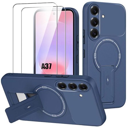Cover + 2 Tempered Glasses til Samsung Galaxy A37 5G, Silikone med Magnetisk Ring - Mørkeblå