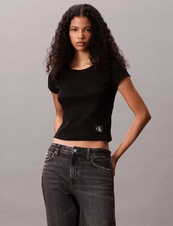 Calvin Klein Jeans A- Woven Label 2X2 Rib Baby Tee - Black - XXS