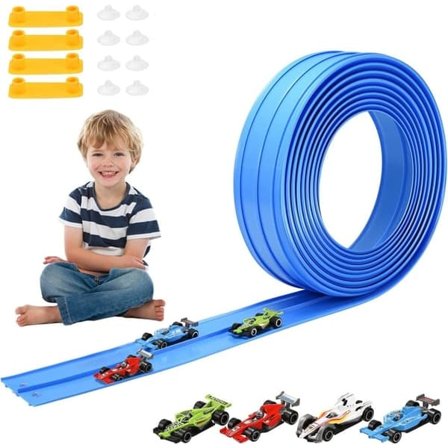 5 meter kids race track, bendable and rollable, Car track with 4 small cars and strong suction cups, Flexible Double-sided Race track, toy for kids 3+