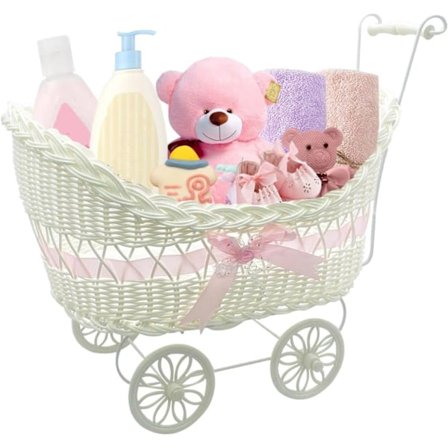 Baby Pram Hamper Wicker Toy Basket med håndtak og hjul - Perfekt gave til baby shower eller nyfødte babyer (rosa)
